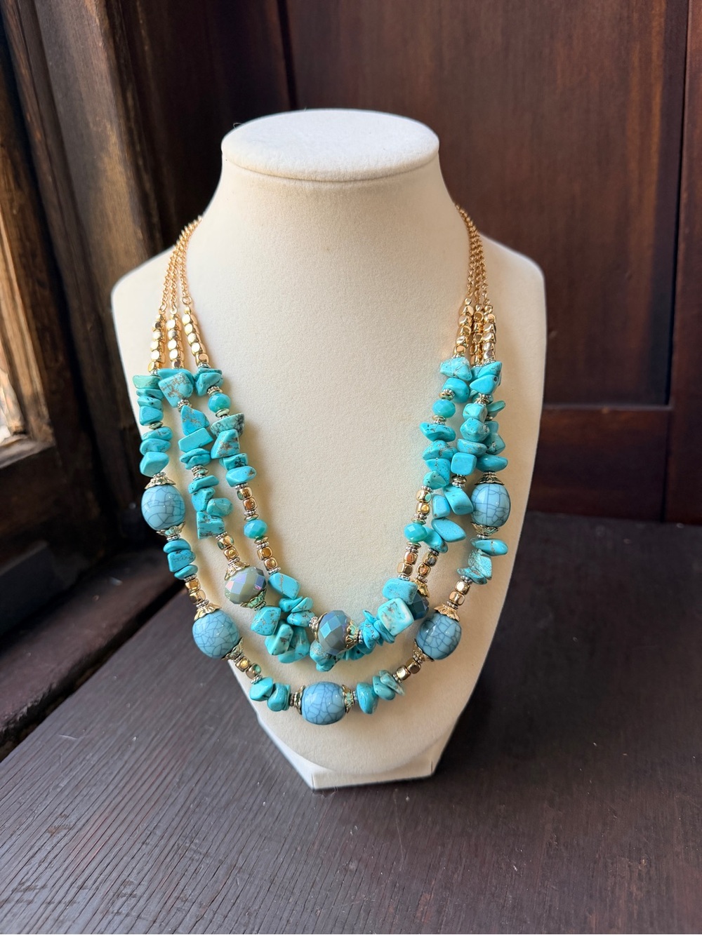 Turquoise Multi-Strand Statement Necklace - Gold Accents
